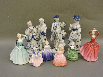 Six Royal Doulton figures, Celeste, Katrina, Rose, Belle, Marie, Dinty Do, and three further ceramic