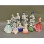 Six Royal Doulton figures, Celeste, Katrina, Rose, Belle, Marie, Dinty Do, and three further ceramic