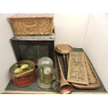 A Victorian beadwork table centre, a pair of carved panels, a warming pan, a hunting horn, two