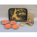 Japanese lacquer stacking boxes, a French lacquer tray, and further items