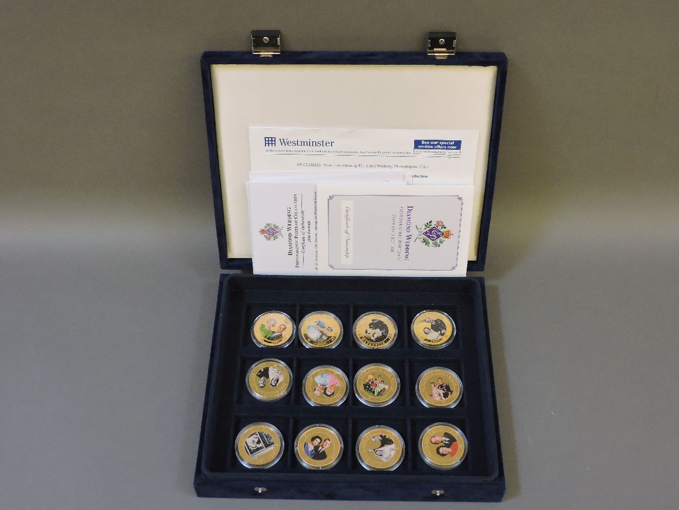 A Diamond Wedding photographic portrait coin collection, in case