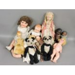 A box of old soft toys, including a pair of Dean's Rag Book 'Handy Pandy' panda bears, dolls,