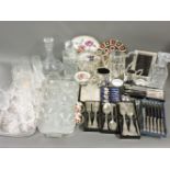 A collection of glassware, a Crown Derby plate, items of Kings pattern cutlery, and an Edwardian