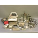 A box of silver plated items, trays, baskets, teapot, and various cased sets, fisher servers, etc