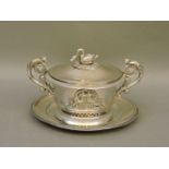 A 19th century French silver two handled bowl, cover and stand, the cover with swan finial and