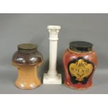 An unusual pottery tobacco jar and cover, with a painted cartouche, inscribed 'Shag', 24cm high, a