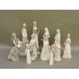 Six modern Spanish Requena porcelain figures, tallest 34cm, a Nao figure, and four further figures