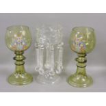 A pair of large 19th century style green glass romers, with enamel decoration, 34cm high, and a