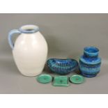 A large Denby jug, three Gustavberg ashtrays, and a pottery vase and bowl
