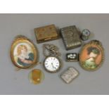 A silver cased pocket watch, on a plated Albert, a small white metal box with a micro mosaic