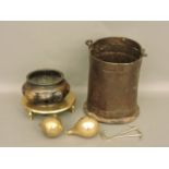 A Chinese brass pot, two weights, stand, and bucket