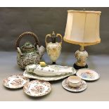 A large Japanese pottery teapot, a Satsuma vase table lamp, a fish tureen, a Victorian vase, and