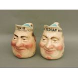 A pair of Sarreguemines advertising character jugs, for Redlands Whisky and Greers OVH Whisky