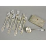 Two pairs of silver fiddle and thread pattern dinner forks, London 1800 and 1862, three further