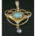 An Art Nouveau 9ct gold turquoise and simulated pearl pendant,by Henry Matthews, Birmingham 1906,