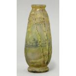 A Daum cameo glass vase,depicting a lakeland landscape with trees in yellow, green and blue,