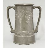 A Liberty's Tudric pewter loving cup,designed by David Veasey, with a raised pattern and