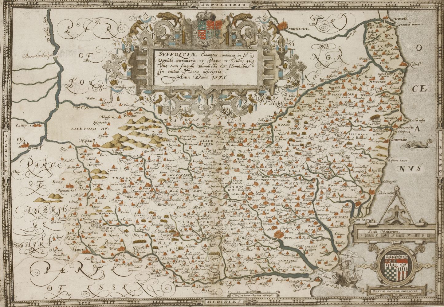 Christopher Saxton,A map of Suffolk,16th century, 'Suffolciae Comitatus Continens in Oppida