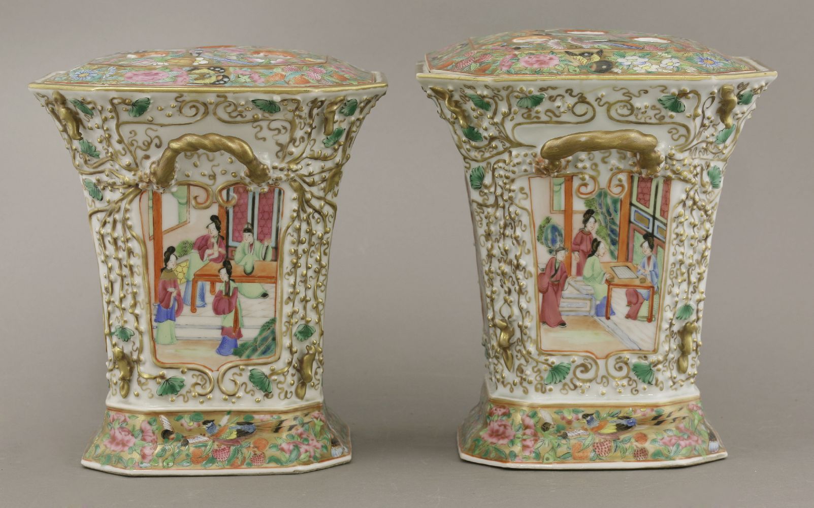 A pair of Canton enamel Bough Pots and Covers,c.1860, the panels of figures in interiors and in a - Image 4 of 6