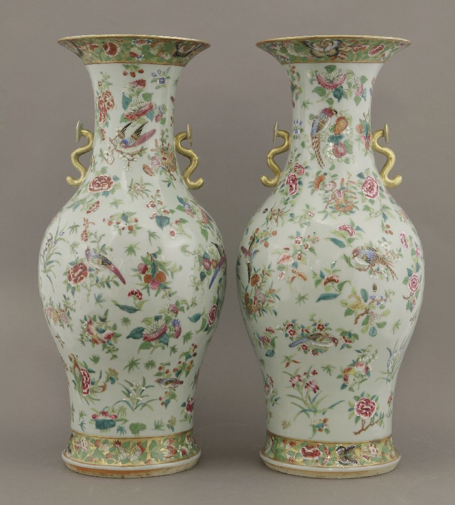 A pair of famille rose celadon ground Vases,c.1870, painted with pheasants amongst melons, Buddha' - Image 3 of 4