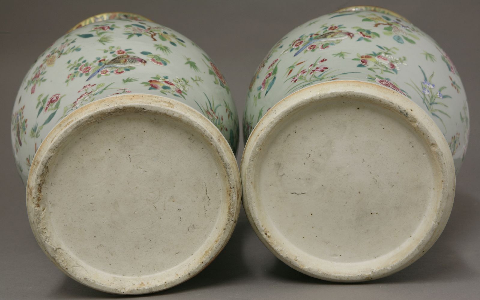 A pair of famille rose celadon ground Vases,c.1870, painted with pheasants amongst melons, Buddha' - Image 4 of 4