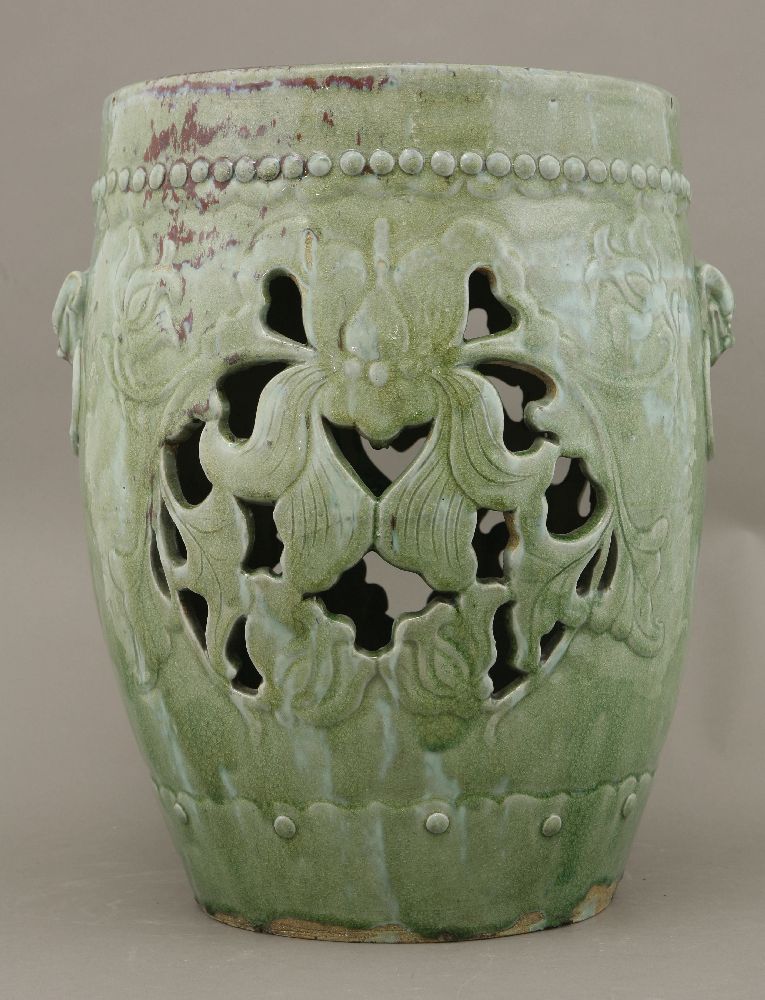 A stoneware Barrel Garden Seat,Guangxu (1875-1908), late 19th century, pierced with lotus and with