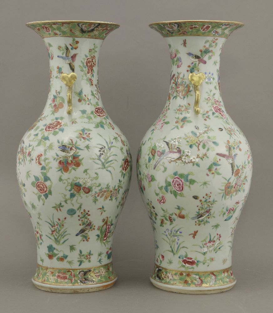 A pair of famille rose celadon ground Vases,c.1870, painted with pheasants amongst melons, Buddha' - Image 2 of 4