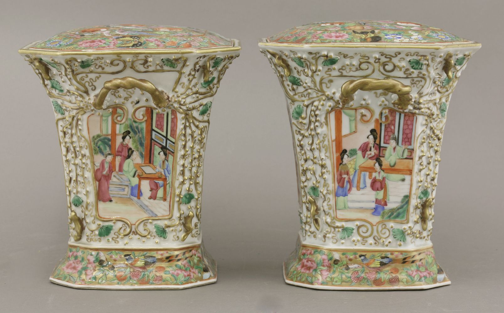 A pair of Canton enamel Bough Pots and Covers,c.1860, the panels of figures in interiors and in a - Image 2 of 6