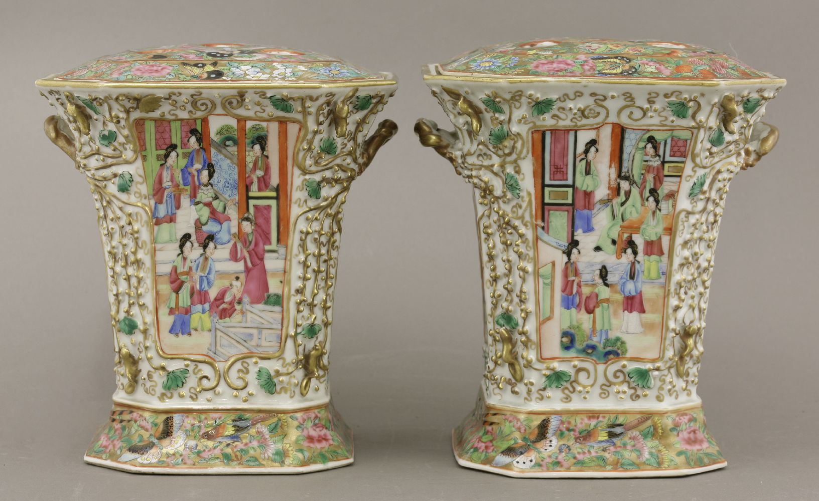A pair of Canton enamel Bough Pots and Covers,c.1860, the panels of figures in interiors and in a - Image 3 of 6