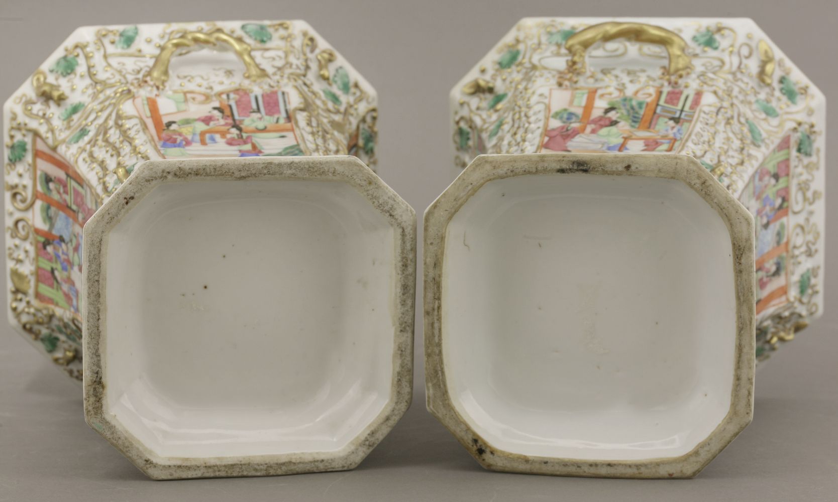 A pair of Canton enamel Bough Pots and Covers,c.1860, the panels of figures in interiors and in a - Image 6 of 6