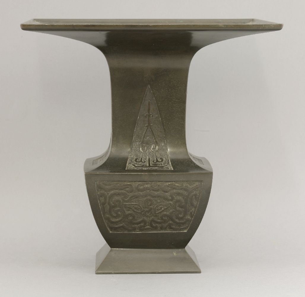 A bronze Ikebana Vase,c.1900, of square section, the neck with archaic blade panels above taotie, - Image 2 of 4