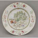 An interesting famille rose Plate, 18th and 20th century, painted in the centre with a shepherd,