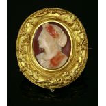 A Victorian carved hardstone gold cameo oval brooch,depicting Apollo in buff and tan to a tan