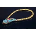 A Victorian turquoise and gem set gold snake or serpent bracelet, c.1850,the head pavé set with