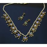 A Victorian seed pearl, opal and colourless spinel fringe necklace and matched earring suite,the
