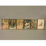 Six Japanese wood block prints, framed, all poor condition