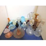 Five glass decanters, one with silver port label, Murano glass items, Victorian pressed glass,