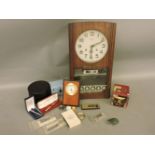 An Acctim 31 day wall clock, with day and date, a Citizen talking clock, a small wooden plaque