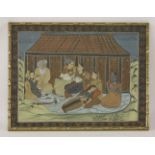 A 20th century Indian school gouache painting on cloth, of interior scene with figures and shiva,