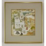 Baruch GreenbaumFIGURES AMONGST BUILDINGS, POSSIBLY JERUSALEMSigned and inscribed, watercolour33 x