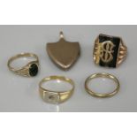 A gold initial ring, damage, marked 9ct, a 9ct gold onyx signet ring, a two colour ring, stone