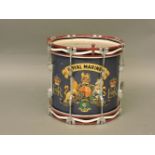 A Royal Marines drum, painted red, black and blue, with E R Royal crest to front