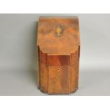 A George III mahogany inlaid knife box, lacking an interior, now baize lined, 38.5cm high