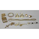 Assorted 9ct gold pendants, chains and earrings, and a 9ct gold synthetic spinel full eternity ring