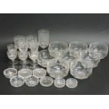 A set of eight glass finger bowls, and other glassware to include vine etched wine glasses, bowls