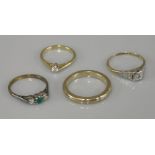 An emerald and diamond three stone ring, marked 18ct plat, an 18ct gold single stone diamond ring, a