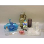 Various glass items, including Murano glass, and a German enamelled pewter mounted jug