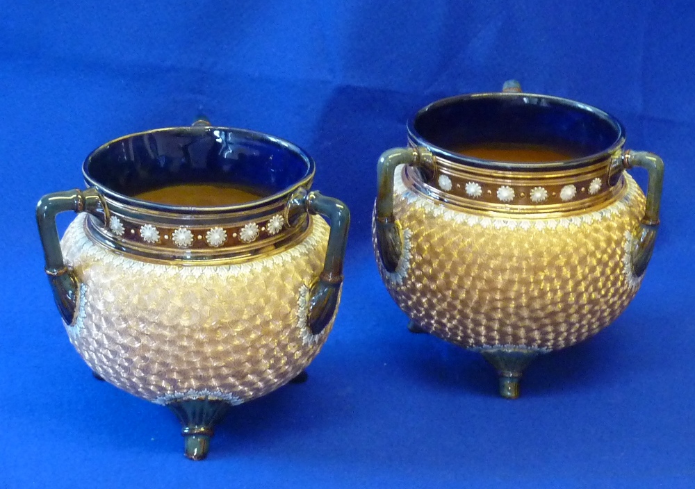 A matched pair of early 20th Century Doulton Lambeth three handled "Tyg" Vases, each with cobalt