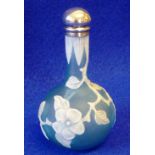 A Thomas Webb Cameo glass Perfume Bottle in pale blue glass with white floral overlay, silver top