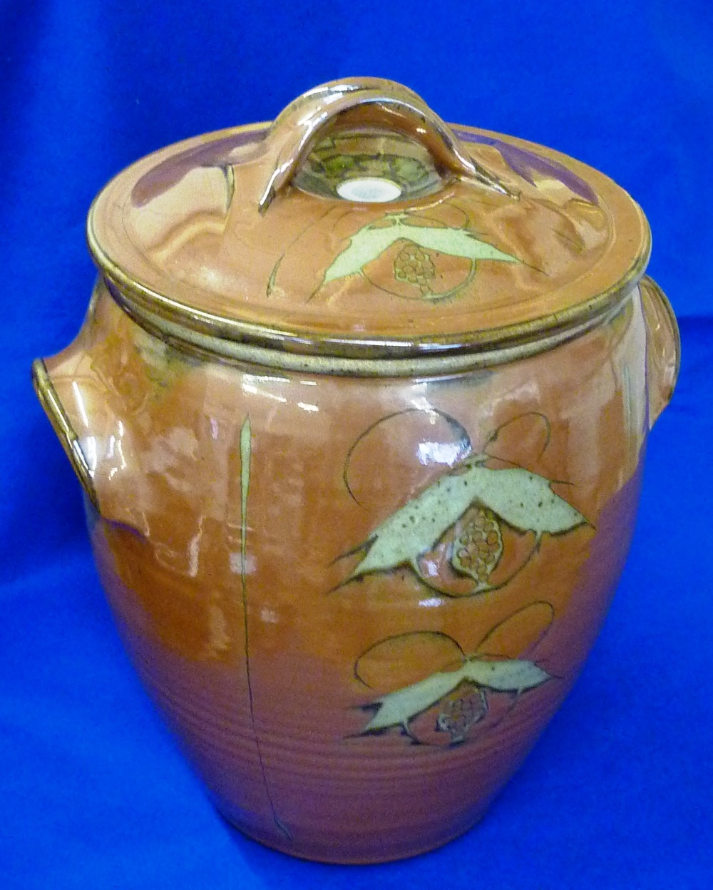 A large two handled barrel shaped Studio Pottery Storage Jar and Cover, each piece decorated with
